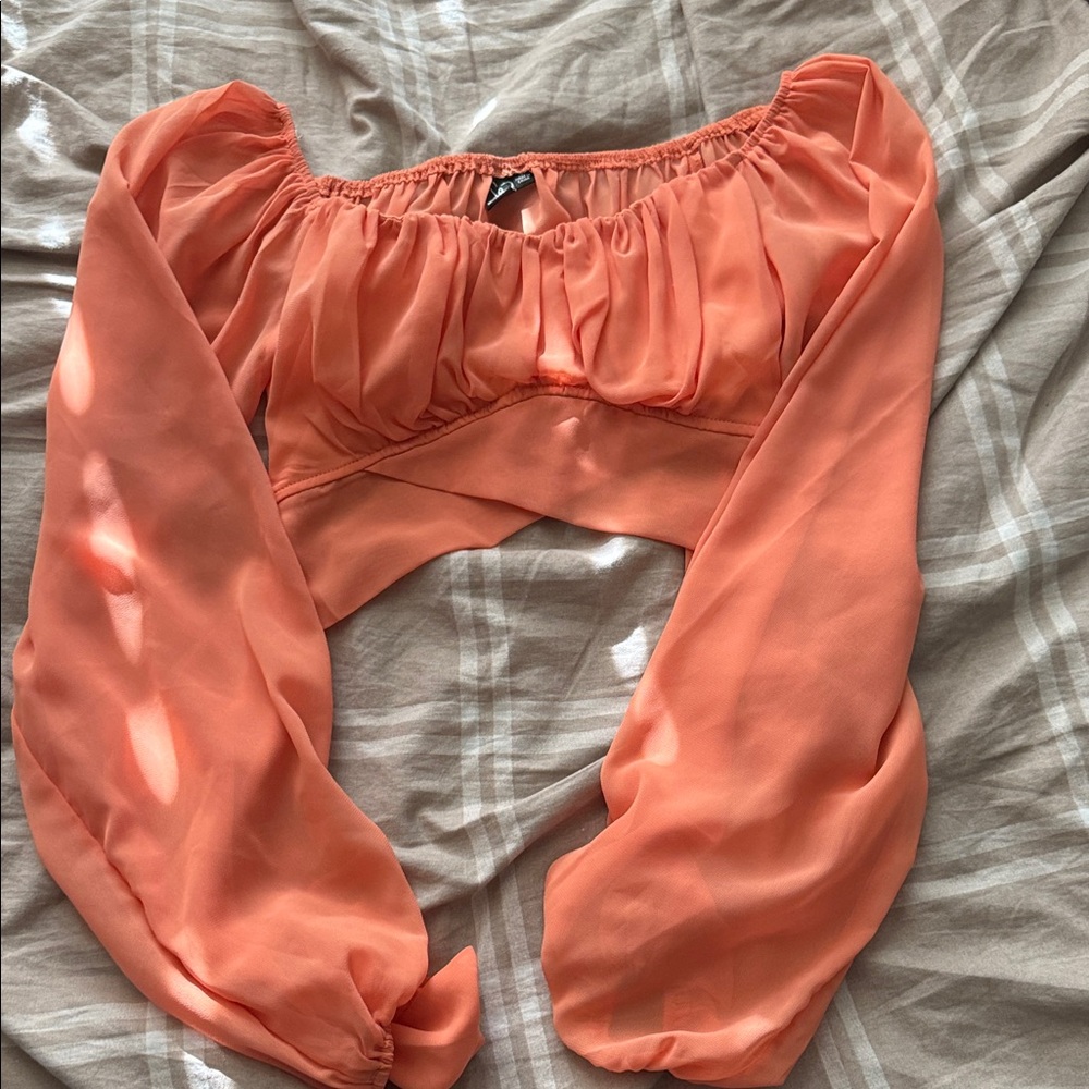 Windsor Orange Sheer Puff Sleeve Crop Top